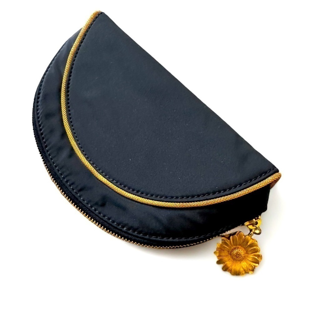 Escada Black Gold Half Circle Cosmetic Clutch Makeup Bag with Flower Pull
